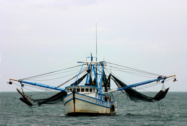 Commercial fishing trawler with outstretched outriggers operating offshore